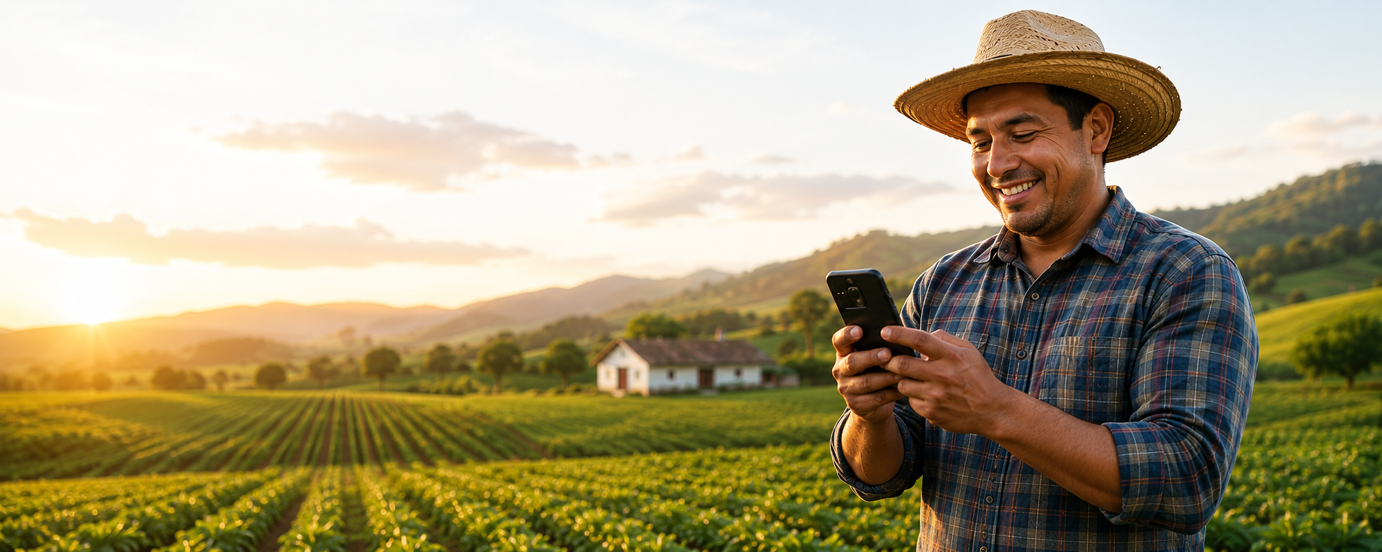 Productor en campo al atardecer usando dispositivo móvil